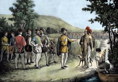 ジャック・カルティエ、1535年にホシェラガ（現在のモントリオール）でインディアンとの最初のインタビューを行ったときの写真（Litho 作： Anonymous Anonymous
