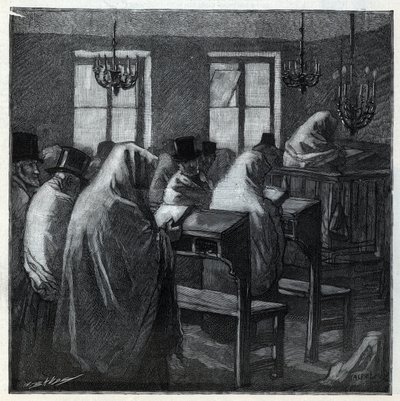 ユダヤ教の祝祭日：祝祭日にオラトリオの中で祈りを捧げる時のフィデレス。1892年の "Le monde illustree "に掲載されたエングレーヴィング。個人蔵。 作： Anonymous Anonymous