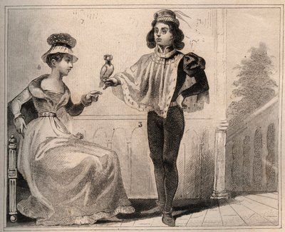 ヴァロワ家のジョン2世、アランコン公爵（1409-1476）とマリー・ド・フェイエル（Marie de Fayel）。1859年に出版された「Le Monde」に掲載された版画。M. E. de Lostalot-Bachoue (Lostalot Bachoue)による「最も遠い時代から現代までの全民族の歴史」。個人蔵。 作： Anonymous Anonymous