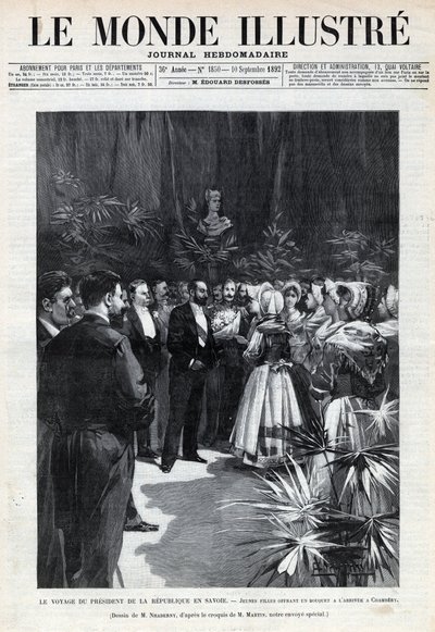 サディ・カルノー（1837-1894）のサヴォワへの旅：シャンベリーで花束を差し出す若い娘たちに迎えられた共和国大統領。新聞。1892年の "Le monde illustree "に掲載された版画。個人蔵。 作： Anonymous Anonymous
