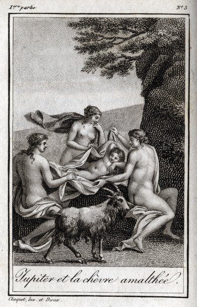 ヤギのアマルテーに食べさせられたジュピターの子供。Charles Albert Demoustier (1760-1801)の「Lettres a Emilie sur la mythologie」の1819年の版画。個人蔵。 作： Anonymous Anonymous