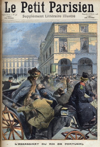 ポルトガル国王チャールズ1世（1863-1908）と皇太子ルイス・フィリペは、1908年2月1日、リスボンで共和党員によって暗殺されました。1908年2月16日の新聞 "Le petit parisien "の1枚。個人のコレクションです。 作： Anonymous Anonymous