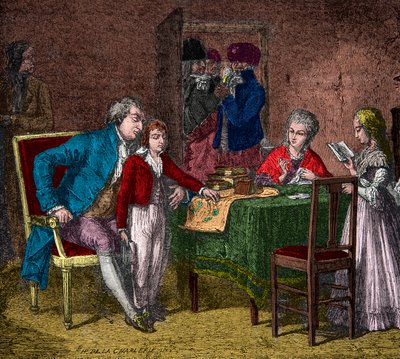 革命派の監視下で神殿に保管されていた国王ルイ16世と王室の人々、エングレーヴィング、プライベート・コレクション 作： Anonymous Anonymous