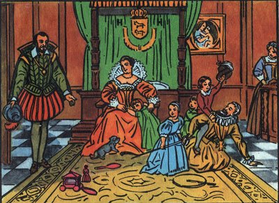スペイン大使の前で子供たちと遊ぶフランス王アンリ4世（1553-1610） 中央はメディシス家の王妃マリー、子供たちはルイ13世、フランスのエリザベス、フランスのクリスティーヌ、ニコラ。コレクティオ」に掲載された匿名のイラスト 作： Anonymous Anonymous