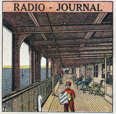 La T.S.F.: ラジオ - 新聞。ライナーに乗った新聞販売員。1925年の匿名のイラスト。個人蔵。 作： Anonymous Anonymous