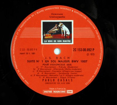 ジーン・セバスチャン・バッハ（Johann Sebastian Bach）のチェロのための6つの組曲を解釈したパブロ・カザルスの「the voice of his master」を収録した「EMI」ブランドの33ターン（レコード）のレーベル。 作： 匿名匿名