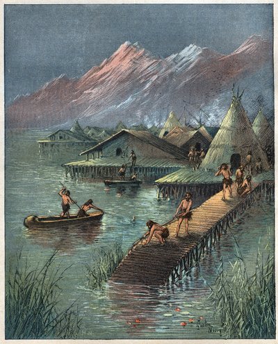湖の村、先史時代の湖のシテ（Village bati sur stilotis）（The palafitte, Palafitta） 1892年のエングレーヴィング。 作： Anonymous Anonymous