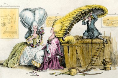 大きな奇抜なヘアスタイル：カツラでスタイリングされた貴族の若い女性たち。1788年のエングレーヴィング 個人蔵 作： Anonymous Anonymous