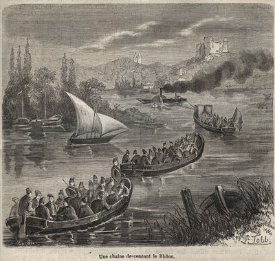 ピエール・ザッコーネ（1817-1895）の「Histoire des bagnes depuis le création à nos jours」（1877年）に掲載された版画「Le bagne de Toulon - une chaine descendant le Rhone - Colonia Penale - Penal colony」。 作： Anonymous Anonymous
