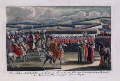「「オスマン帝国のスルタン、セリム 3 世 (1761-1808) が彼の新しい歩兵を見直す」」匿名の彫刻 1806 年 個人蔵 作： Anonymous Anonymous