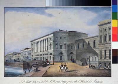 サンクトペテルブルクのエルミタージュ劇場。 匿名のリトグラフ、水彩で彩色、1840 年頃。A. プーシキン記念博物館、サンクトペテルブルク。 作： Anonymous Anonymous