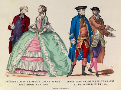左：大きな籠のドレスを着たエレガンテ（1760年のモンダン・アッブ）／右。1760年、狩猟服と散歩服を着た若者たち（ルイ15世の摂政） - 個人蔵 作： Anonymous Anonymous