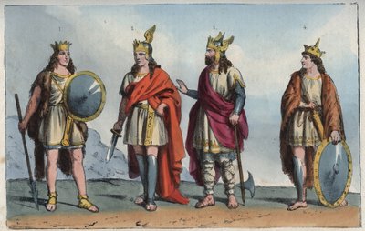 Les Merovingiens - Merovingian dynasty - Pharamond or Faramund (- Chlodio (Clodius, Clodion, Cloio or Chlogio) (Clodion le Chevelu) (ca. 390 - ca. 450) - Merovech (Merovee or Merowig, ca. 412-457) and Clovis (ca. 466-511)" - "Usi e Costumi di "のエングレーヴィング。 作： Anonymous Anonymous