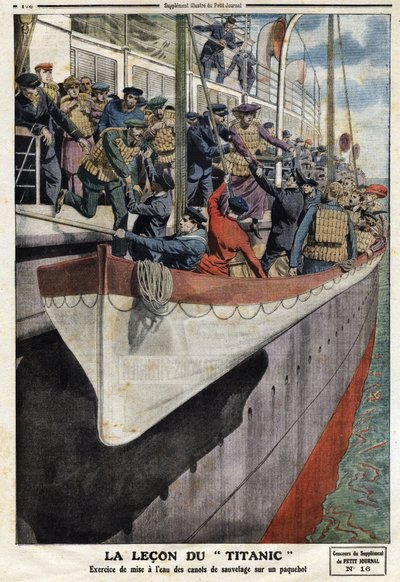 1912年4月15日、RMSタイタニック号の沈没後に行われた定期船内での救命ボートの訓練。 作： Anonymous Anonymous