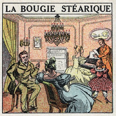 光源：19世紀にシャンデリアに使用されていたステアリン酸のロウソク。1925年の匿名のイラスト。個人蔵。 作： Anonymous Anonymous