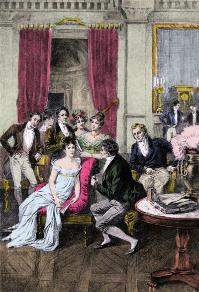 リテラリー・サロン"Around Madame Recamier" マダム・ジュリエット・レカミエ（1777-1849）は、文学者や政治家に囲まれていた。シャルル・ノディエ（1780-1844）、フランソワ・ルネ・シャトーブリアン子爵（1768-1848）、ソフィー・ゲイ（1776-1852）、ベンジャミン・コンスタン...。 作： Anonymous Anonymous