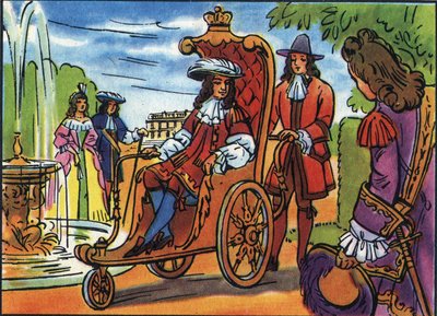 ルイ14世が遊歩道を歩く フランス王ルイ14世（1638-1715）が車椅子に座ってヴェルサイユの公園を散歩している。Collection des souverains et chefs d