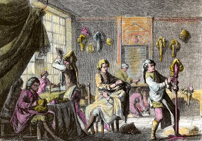 ルイ15世ファッション：かつらの美容院の内部の様子。1755年頃のエングレーヴィング。個人蔵 作： Anonymous Anonymous