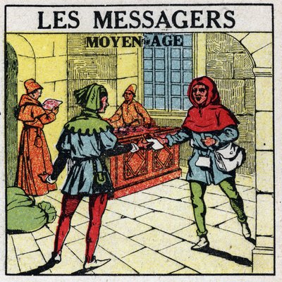 メールのこと中世のメッセンジャーたち。1925年の匿名のイラスト。個人蔵。 作： Anonymous Anonymous