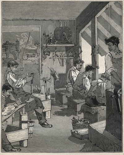 19世紀のフランスの工房での櫛の製造風景。Adolphe BITARDの "Les arts et metiers illustres "に掲載された1885年のエングレーヴィング。 作： Anonymous Anonymous