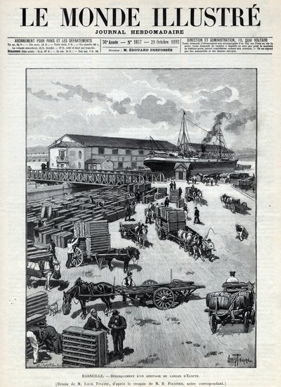 海上貿易：マルセイユ港にエジプトからウズラが到着したことを吠える。新聞。1892年の "Le monde illustree "に掲載されたエングレーヴィング。個人蔵。 作： Anonymous Anonymous