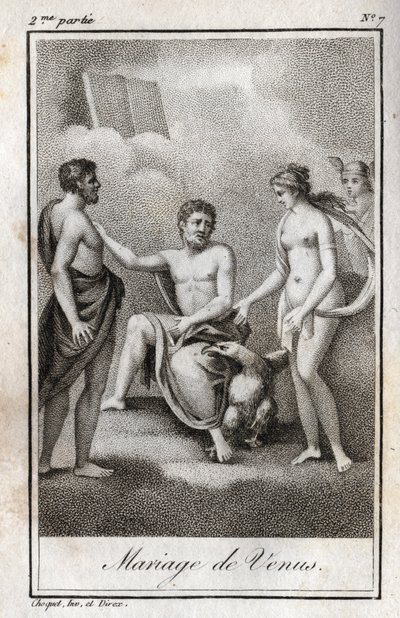 火星と金星の結婚。シャルル・アルバート・ドゥムスティエ（1760-1801）の『Lettres a Emilie sur la mythologie』に掲載された1819年のエングレーヴィング。個人蔵。 作： Anonymous Anonymous