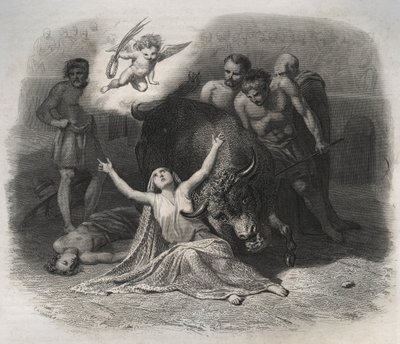 初代キリスト教徒の迫害の最中、177年に行われた闘技場でのリヨンの聖ブランディーヌとポンティカスの殉教の様子。1846年の「Lives of the saints」に掲載されたエングレーヴィング。個人蔵。 作： Anonymous Anonymous