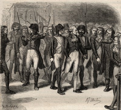 Maximilien Robespierre and his Co-accuses arrested in the Convention in 1794 - Maximilien Robespierre et ses Co-accuses arretes à la convention en 1794 - - アルフォンス・ド・ラマルティーヌ（1790-1869）の "Histoire des Girondins "に掲載されたエングレーヴィング。プライベート・コレクション 作： Anonymous Anonymous