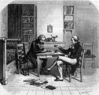 Maximilien de Robespierre 1758-1794, フランスの政治家、公安委員会のメンバーとモーリス・デュプレの部屋 - Chambre de Maximilien de Robespierre chez Maurice Duplay (1736-1820) rue Saint-Honore a Paris - 「Histoire des Gique」に掲載されたエングレーヴィング。 作： Anonymous Anonymous