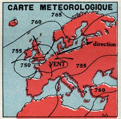 気象学：気象学的な地図。1925年の匿名のイラスト。個人蔵。 作： Anonymous Anonymous