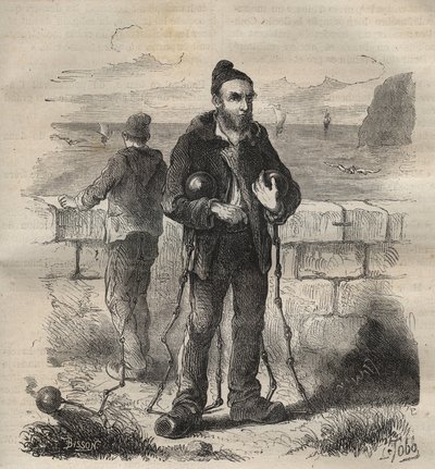 19世紀、トゥーロンのバッグンに収容されていた軍人。ピエール・ザッコーネ（1817-1895）の「Histoire des bagnes depuis leur création à nos jours」（1877年）に掲載されている版画（Colonia Penale - Penal colony）。個人蔵。 作： Anonymous Anonymous