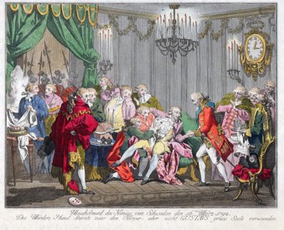 Mort de Gustave III de Suede (1746-1792) - The Assassination of King Gustav III on 16 March 1792 - Anonymous - 1792 - Etching, watercolour - 33,5x46,3 - Private Collection 作： Anonymous Anonymous