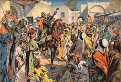 ムーレイ・ハフィド（Moulay-Hafid）がフェズにスルタンを宣言：公衆の運び屋が群衆に宣言を告げる。1908年1月26日、新聞「Le Petite Parisien」のエングレーヴィング。個人蔵。 作： Anonymous Anonymous