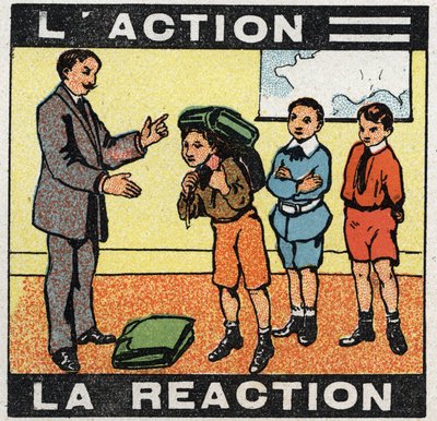 動き：アクション、リアクション鞄を身につけた少年。1925年の匿名のイラスト。個人蔵。 作： Anonymous Anonymous