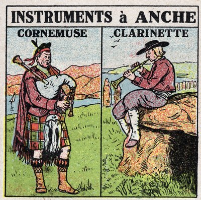 楽器：腰の管楽器。パイプとクラリネット奏者。1925年の匿名のイラスト。個人蔵。 作： Anonymous Anonymous
