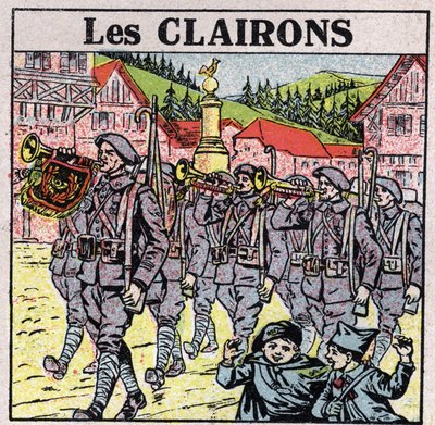 楽器：口が壺になっている管楽器。軍隊走行中のラッパ奏者。1925年の匿名のイラスト。個人蔵。 作： Anonymous Anonymous