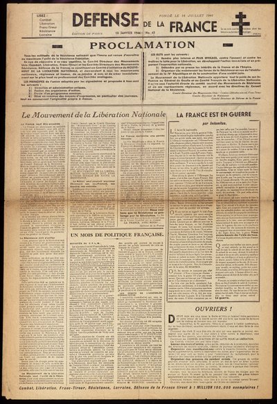 1944年1月15日付の秘密新聞「フランスの防衛」の1枚 作： Anonymous Anonymous