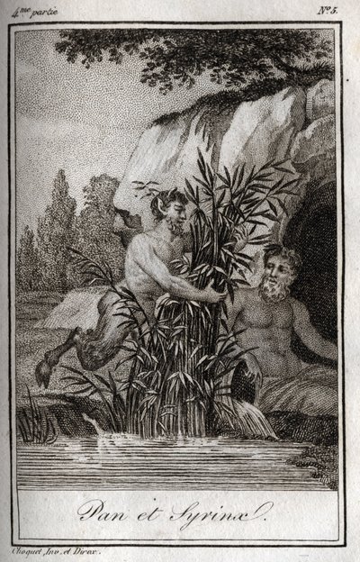 葦に変身したパンとニンフのシリンクス（Pan and Nymph Syrinx）。Charles Albert Demoustier（1760-1801）の「Lettres a Emilie sur la mythologie」に掲載された1819年のエングレーヴィング。個人蔵。 作： Anonymous Anonymous