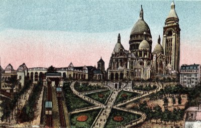 パリ：モンマルトルのビュートにあるフニクラとサクレクール寺院（Basilica of the Sacre-Coeur）。パリ市の「芸術アルバム」に掲載されている1920年の写真。個人蔵。 作： Anonymous Anonymous