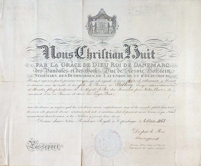 デンマーク王クリスチャン8世のパスポートは1845年のもの。 作： Anonymous Anonymous