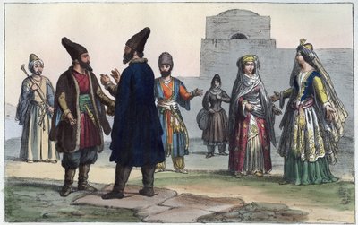 19世紀のペルシャ人の服-「宇宙のあらゆる民族の用途と習慣」からの抜粋。1856年、「最古の時代から現代までの、すべての国の政府、法律、民兵、宗教の歴史」。 作： Anonymous Anonymous