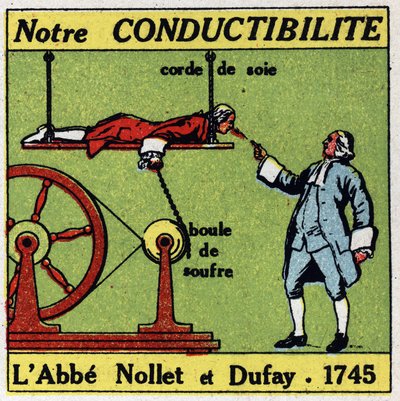 電気石の生理学的効果：1745年にAbbe Jean Antoine (Jean-Antoine) Nollet (1700-1770)とCharles Francois Du Fay (Dufay) (1698-1739)が人体の導電性について経験したこと。1925年の匿名のイラスト。個人蔵。 作： Anonymous Anonymous