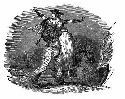 海賊チャールズ・ギブスがオランダ人女性を船から連れ出す（19世紀初頭）。1837年に出版された "The pirate own book "のエングレーヴィング。 作： Anonymous Anonymous