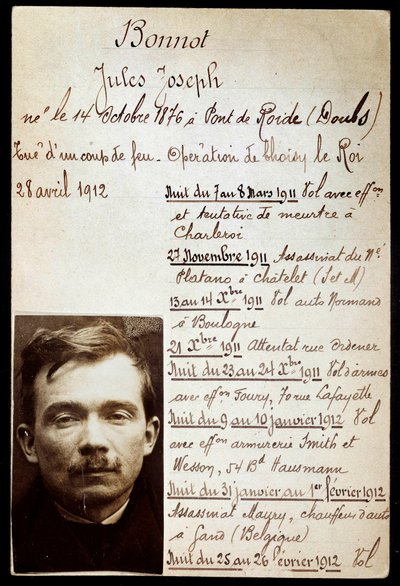 犯罪者ジュール・ボノ（1876-1912）のポリスシート（ボノバンド）と犯罪リスト 作： Anonymous Anonymous