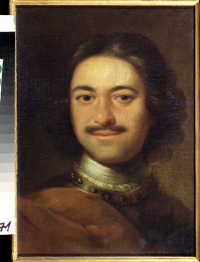皇帝ピョートル 1 世 (1672-1725) の肖像 (皇帝ピョートル 1 世の肖像)。 匿名の絵。 キャンバスに油彩、48.5 x 37 cm、18 世紀初頭。 古典主義。 国立中央海軍博物館、サンクトペテルブルク。 作： Anonymous Anonymous