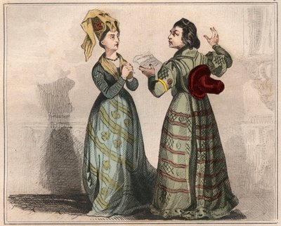 フランスの外交官・作家であるアラン・シャルティエ（1385-1433）の肖像とシャルル6世の宮廷の女性。1859年の「Le Monde」に掲載された版画。M. E. de Lostalot Bachoue (Lostalot-Ba) による「最も遠い時代から現代までの全民族の歴史」。 作： Anonymous Anonymous