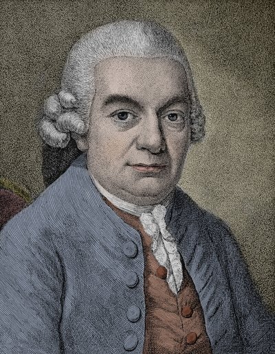 ドイツの作曲家、カール・フィリップ・エマニュエル・バッハ（エマニュエル）（1714～1788）の肖像（エングレービング 作： Anonymous Anonymous