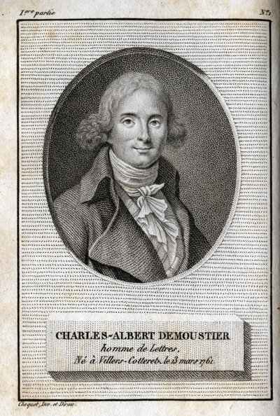 Charles Albert Demoustier (1760-1801) フランスの作家の肖像。Charles Albert Demoustier (1760-1801)の「Lettres a Emilie sur la mythologie」に掲載されている1819年の版画。個人蔵。 作： Anonymous Anonymous
