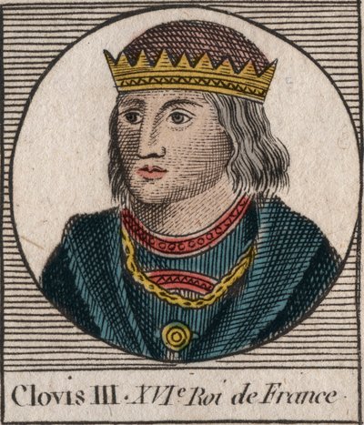 691年から695年までフランク王国の王であったクローヴィス3世の肖像 - ネウストリアとアウストラシアのメロヴィング王クローヴィス3世 - シャルル・コンスタント・ル・テリエによる1821年の「フランス史に関する教本」からの刻印 作： Anonymous Anonymous