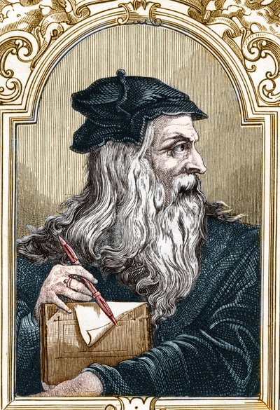 レオナルド・デ・ヴィンチ（レオナルド・ダ・ヴィンチ）（1452-1519）の肖像。1859年、アルマンドーの「ヨーロッパの画廊-イタリア」に掲載された彫刻（エングレーヴィング）。 作： Anonymous Anonymous